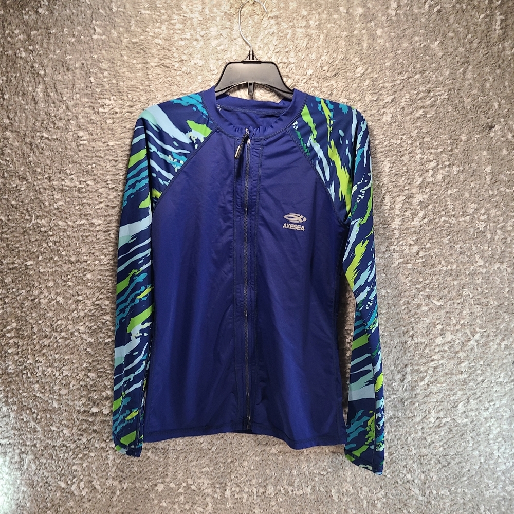 AXESEA UPF 50+ FULL ZIP RASH GUARD BLUE MULTI WOMENS SIZE 6 UPF POLYESTER